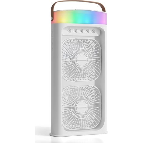 Climatiseur portable 4 en 1 avec pulvérisateur de brouillard, double ventilateur, 3 vitesses, fonction minuterie, veilleuse à changement de couleur, charge USB-C, refroidisseur d'air pour la maison et (1/5)