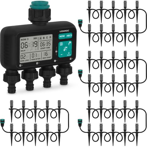 VONROC Programmateur arrosage 4 voies avec 4 kits irrigation 60 m goutte à goutte automatique WT505DC (1/5)