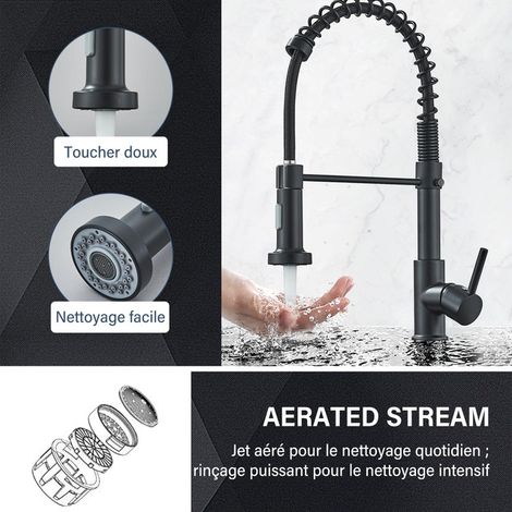 Mitigeur de Cuisine Noir Robinet Évier Professionnel Douchette Extractible 2 Jets (1/5)
