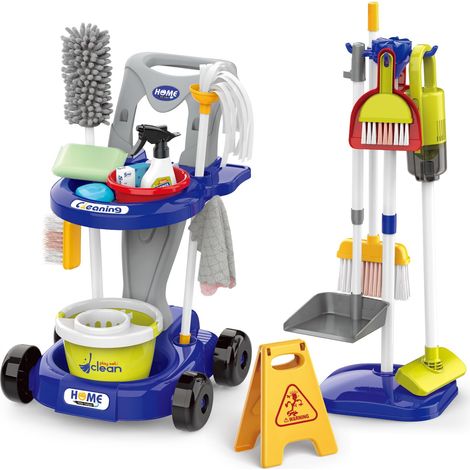 Trousse de Nettoyage pour Enfants, Chariot Menage Enfant, Aspirateur Enfant Jouet, pour Les Tout Petits avec Balai Vadrouille Plumeau Pelle Brosses Chiffon,Jouets De Nettoyage Cadeau (Bleu) (1/5)