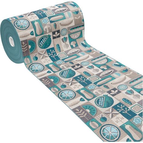 Tappeto Cucina Assorbente Bordato Antiscivolo Frutta e Verdura Passatoia Lavabile  Blu - 52x240 Cm
