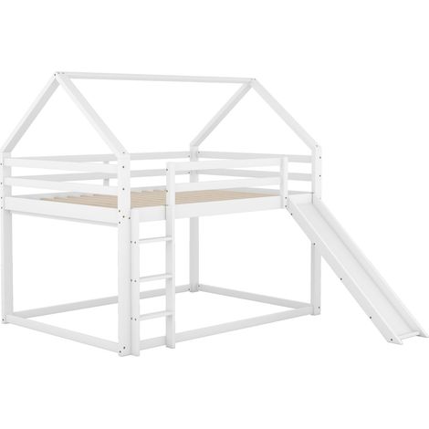 Lit superposé enfant cabane avec toboggan et échelle 140 x 200 cm en bois blanc MODENUIT (1/5)