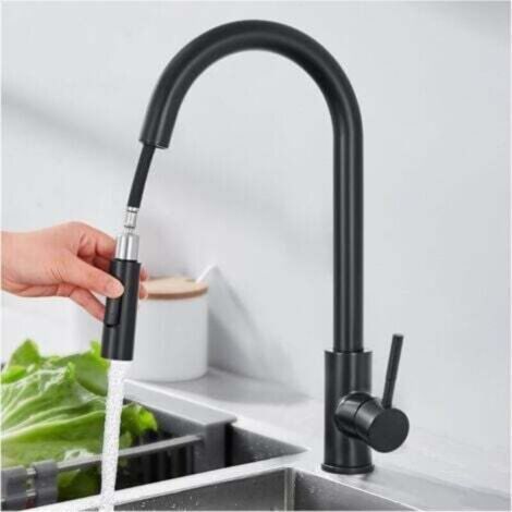 Robinet Cuisine Douchette, Mitigeur Cuisine avec Rotatif à 360°, Flexible avec 2 Modes de Pulvérisation, Col de Cygne Robinet Noir, Acier Inoxydable