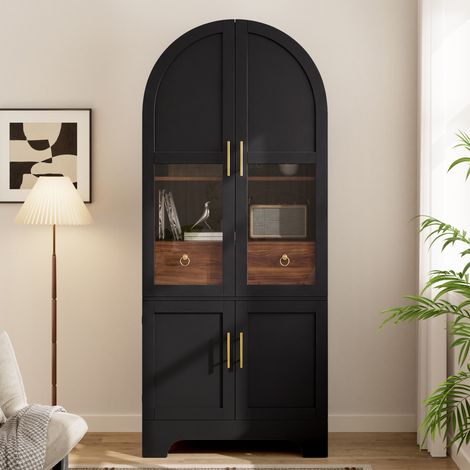 Vitrina armario alto de arco - 76 x 40 x 180 cm - mueble auxiliar salón comedor - mdf vidrio templado diseño vintage mid-century con iluminación led - negro (1/5)