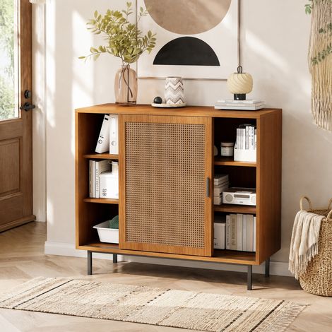 Aparador con 2 puertas correderas, estante regulable, 100 x 37 x 90 cm, nogal OKMYHOME (1/5)