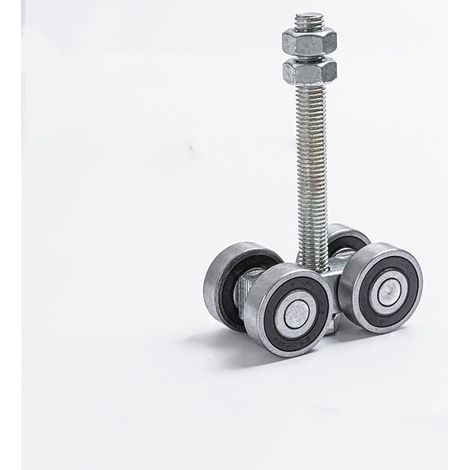 Set di carrelli per porte scorrevoli con ruote, rulli in ferro zincato, antiruggine, portata 50 kg, dimensioni compatte, colore bianco, adatti a profili alti e per uso esterno. (1/2)