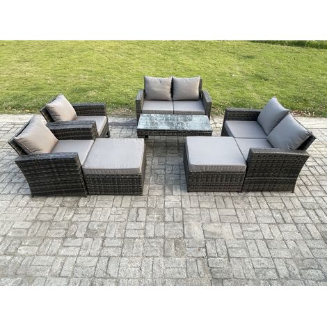 Fimous 8 Seater High Back Rattan Garden Furniture Sofa Sets with Rectangular Coffee Table 2 Big Footstool Loveseat Sofa Armchair Dark Grey Mixed (1/5)
