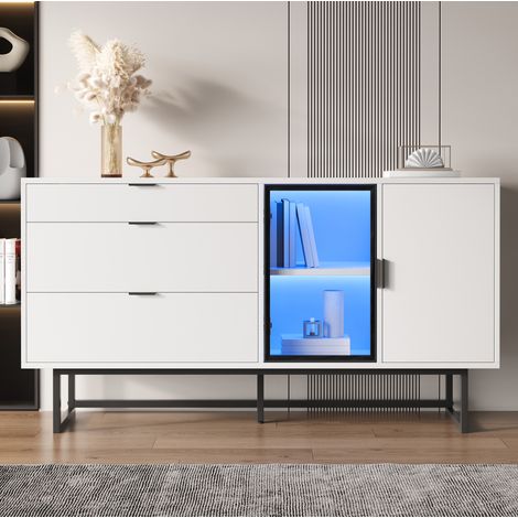 Madia vetrata 160 x 36 x 78 cm con LED, 3 cassetti, MDF e truciolare bianco HAVRYA (1/5)