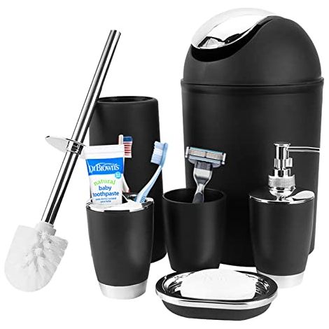 Lot de 6 Accessoires de Salle de Bain, Comprenant Bouteille de Lotion Porte-Brosse à Dents Gobelet Porte-Savon Brosse WC et Poubelle pour Maison Hôtel (Noir) (1/5)