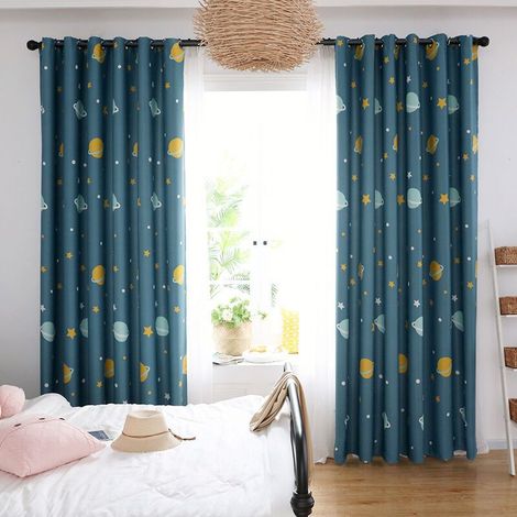 Set of 1 curtain “Blue Planet”, blackout curtains made of polyester, animated bedroom curtains with blue planet motif, opaque, children's room curtains with universe motif (1/4)