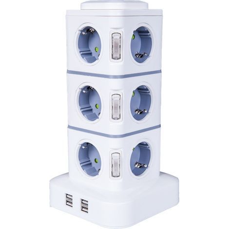 Multipresa a torre, 12 prese (2500 W / 10 A) con 4 porte USB, protezione da sovratensione, multipresa verticale per casa e ufficio, cavo di prolunga da 3 m (1/5)