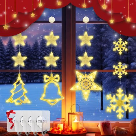 Lot de 4 lumières de Noël pour fenêtre intérieure - Décoration de Noël avec étoiles, flocons de neige, arbre de Noël et Jingle Bell, 80 LED - Guirlande lumineuse avec ventouses et crochets (1/5)