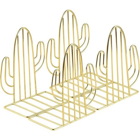 2 Pairs Metal Bookends Cactus Bookends for Kids, Ideal for Desk, Decoration, Shelves, School and Bookstore (Gold) (1/3)