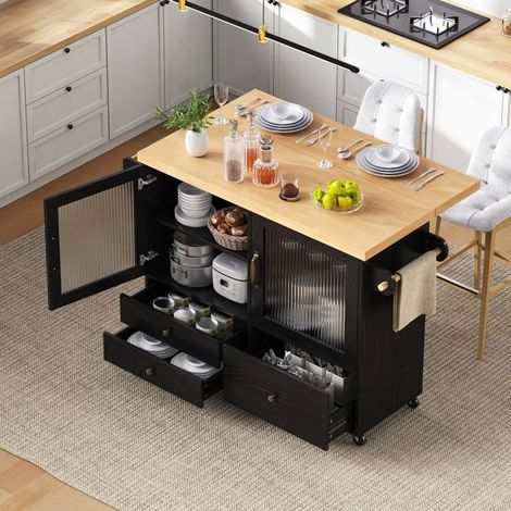 Desserte de cuisine mobilité sur roulettes table à manger extensible porte-verres à vin espace de rangement finition noire (1/5)