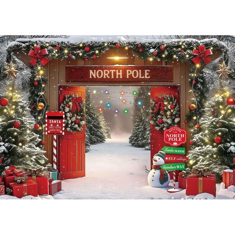 Weihnachtsdekoration für den Außenbereich, verschneite Waldatmosphäre, dekorativer Stoff für Scheunentore mit Nordpol-Weihnachtsbaummotiv, leuchtende Farben. (1/5)