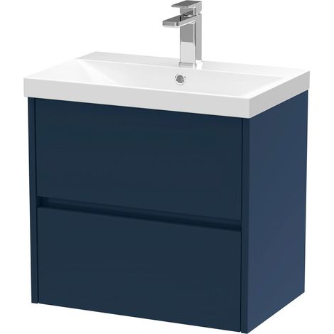 Chartley Contemporary 2 Drawer Wall Hung Vanity Unit with Thin Edge Basin, Midnight Blue, 600mm (1/4)