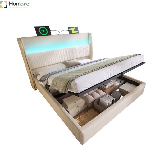 Cadre de lit beige en plastique avec rangement et port USB 221 x 193 x 121 cm HOMAIRE (1/5)
