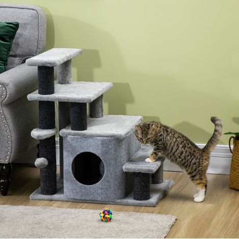 Tiragraffi a gradini per gatti con cuccia e pallina, rivestimento in peluche, grigio (1/5)