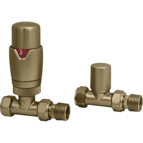 Signature Round Thermostatic Straight Radiator Valves Pair - Brushed Brass