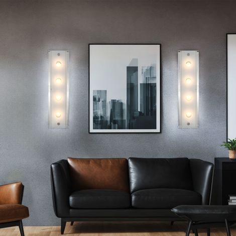 Lampada da parete Lampada da parete cromata a 4 luci per soggiorno, corridoio, vetro parzialmente satinato, interruttore, 4x LED 5W 200Lm bianco caldo, LxPxH 33x9x6,5 cm, set da 2
