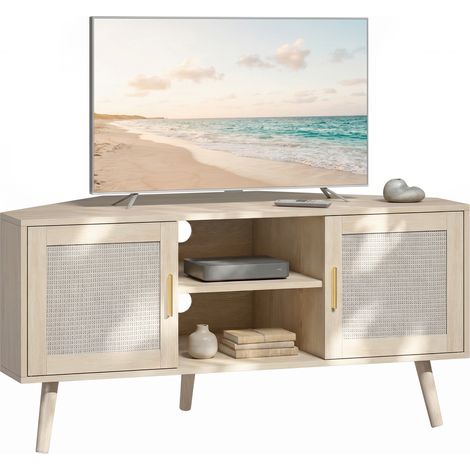 Meuble TV d'angle - HOMCOM - 2 portes en rotin et 2 compartiments ouverts – style bohème - bois - 115 x 54,2 x 56,2 cm - chêne (1/5)