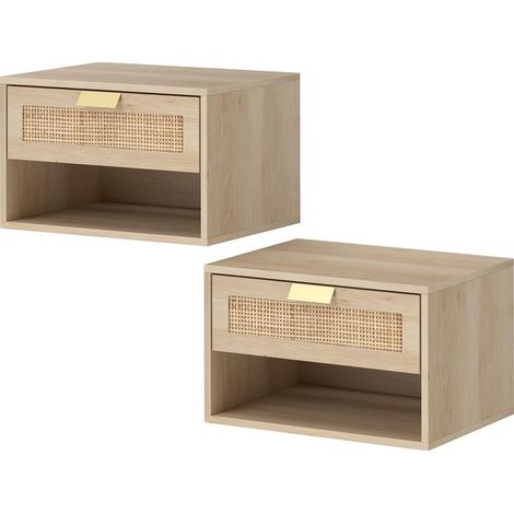 Ensemble de 2 tables de chevet suspendues avec tiroir en rotin, étagère ouverte, gain de place, 40 x 30 x 25 cm, chêne (1/5)