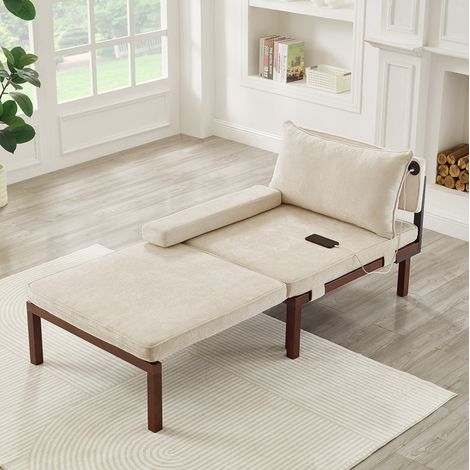 Fauteuil convertible beige en velours avec port USB-C et couchage d'appoint (1/5)