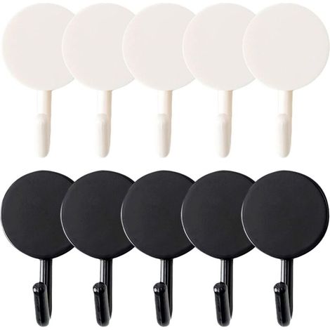 10 Pack Adhesive Seamless Shower Hooks, No Drilling or Installation Required, for Bathroom, Kitchen, Hotel, Wooden Kitchen Shelves with Hooks, Black and White (1/4)