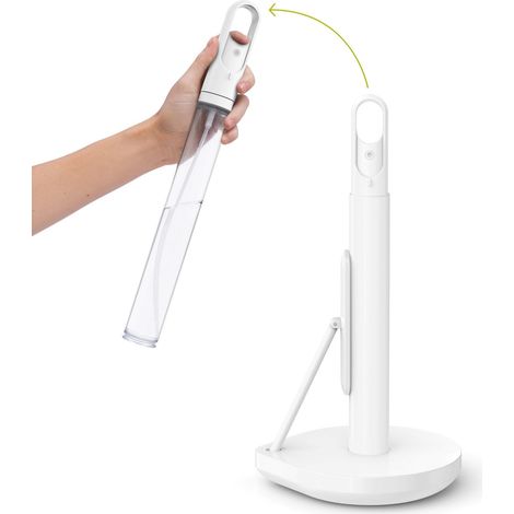 Porte-Essuie-Tout avec Spray, Distributeur Tout-en-Un de Papier Essuie-Tout et Nettoyant pour Plan de Travail, Pompe Rechargeable de 180 ML, Base Lestée, Acier Blanc (1/5)