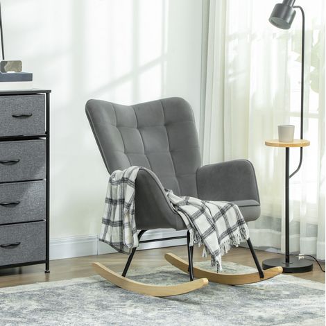 Fauteuil à bascule en velours, dossier capitonné, accoudoirs et base en bois, gris foncé HAVRYA (1/5)