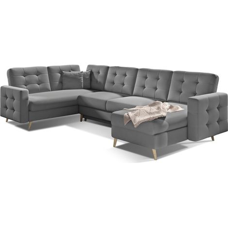Canapé d'angle panoramique convertible HASGARD U 326 cm gris clair avec coffre