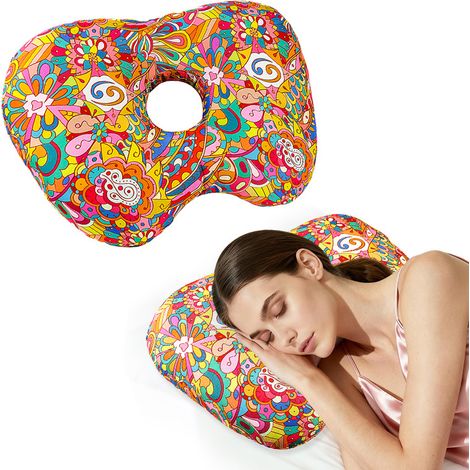 Coussin d'oreille pour dormeurs latéraux avec découpe pour l'oreille — Soulage les douleurs d'oreille — Mélange coton-polyester — Convient aux otites et aux escarres — Lavable (Coloré — 41 x 27 x 9 cm (1/5)