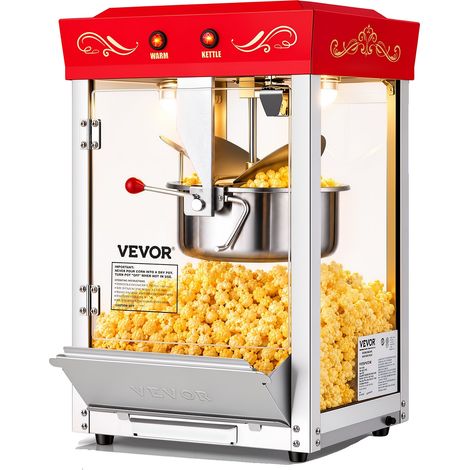 Máquina para hacer palomitas de maíz VEVOR de 850 W, caldera de 237 ml (8 oz), capacidad para 48 tazas, de sobremesa, vidrio templado, 4 cucharas, estilo cine, color rojo. (1/2)