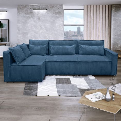 Canapé d'angle à gauche 294x140x88 cm en velours côtelé bleu foncé