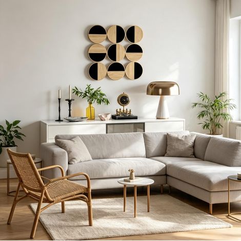 Décoration murale en métal 3D, composition à neuf cases avec miroir, MDF et touches bois clair et dorées, 60 x 3,8 x 60 cm, pour salon, chambre ou entrée – CHICFURN (1/5)