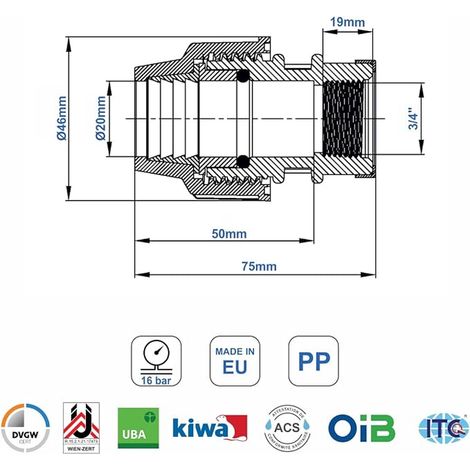 Connecteur pour tuyaux PP 20mm x 3/4 femmele - Adaptateur pour tuyau d’eau PE de compression de 20 mm – Raccords de plomberie compatible avec tuyaux PE80 et PE100 (1/4)