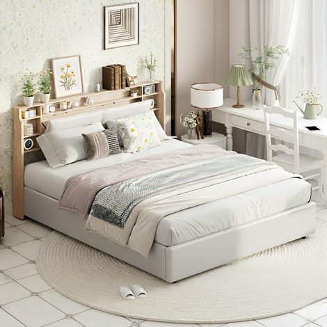 Doppelbett 140x200 cm, mit LED-Beleuchtung, offenen Trennwänden, klappbaren Nachttischen, Lattenrost, zahlreichen hydraulischen Stauräumen, weiß