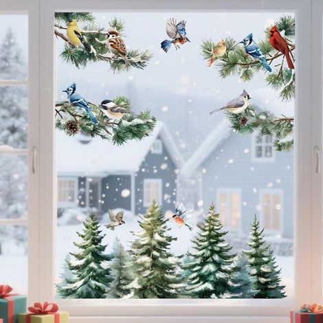 2 feuille de Stickers pour Fenêtre Motif Oiseaux D'Hiver Autocollants de Fenêtre de Branche D'Arbre de Forêt de Pins Autocollants Fenêtres de Mésange Bleue Cardinale Rouge pour la Décoration