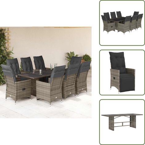 Ensemble de bistro de jardin 9 pcs coussins gris poly rotin - Meubles De Jardin - Salon De Jardin - Set De Bistrot - Fauteuil Inclinable - Résine Tressée (1/5)