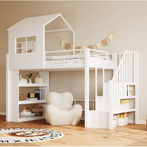 Cama alta individual 90x200 cm con escalera reversible y estantes, blanca OKMYHOME (1/5)