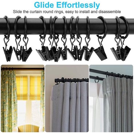 30 anillas negras para cortinas,con clips metálicos,para barras de cortina,3 x 32 mm,Anillas para cortinas,Metal de acero inoxidable (1/4)