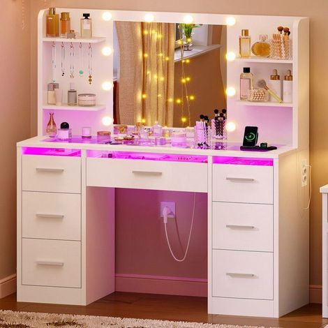 Friseurin - Spiegel mit Ladestation - LED-Beleuchtung 3 Farben (10 Glühbirnen) - Eingebaute Steckdosen - 7 Schubladen & 4 Regale (1/5)