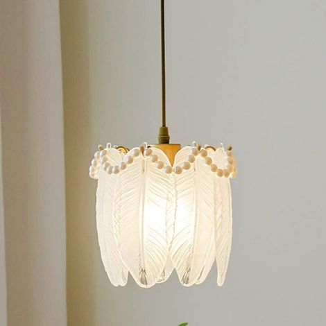 Modern Elegant Feather-Shaped Glass Pendant Light, French Style Mini Art Deco Chandelier Ceiling Light, Restaurant Bedroom Hanging Lamps (1/4)