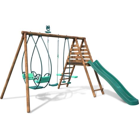 Portique en bois rond 3 agrès avec face à face et toboggan NIGEL (1/5)
