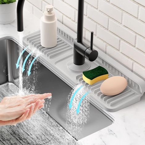 Égouttoir Robinet Silicone 45cm- Anti-éclaboussures 7° avec Drainage Rapide, Accessoire Cuisine et Salle de Bain,Gris (1/5)