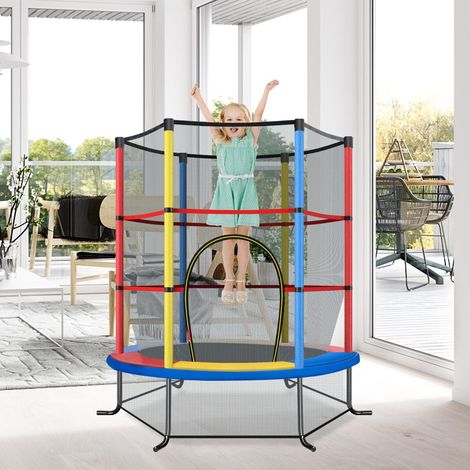Trampoline enfant multicolore Ø140 cm avec filet de sécurité et tapis PVC, structure stable pour jardin, intérieur et extérieur (1/5)