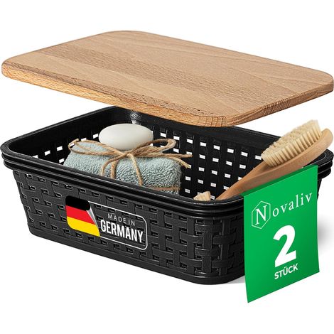 Novaliv lot de 2 paniers de rangement élégants avec couvercles en bois aspect rotin Plastique alimentaire noir 1L Parfait pour la salle de bain