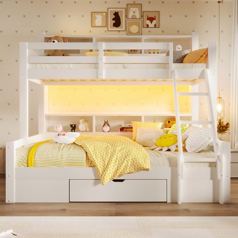 Lit superposé 90x200 + 140x200 cm, barrière de sécurité, échelle réglable, nombreux rangements ouverts, tiroir intégré, ruban LED, sans matelas, blanc