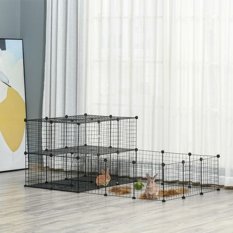Parc enclos DIY modulable 2 niveaux pour hamsters, lapins et cochons d’inde, 45 panneaux grillagés, finition noire, 175x105x70 cm