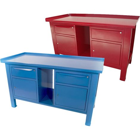 Banco da lavoro SOGI 1,5 metri con piano in acciaio + 2 armadi con anta e cassetto - blu/rosso, ColoreRosso (1/5)